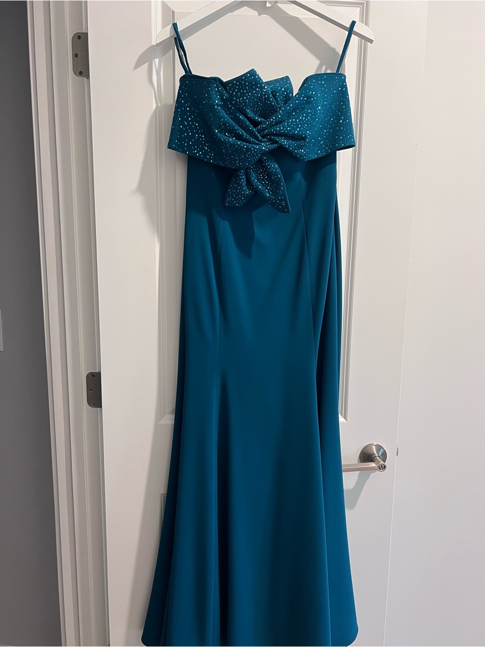 Teal Evening Gown with Sparkle Bow Detail